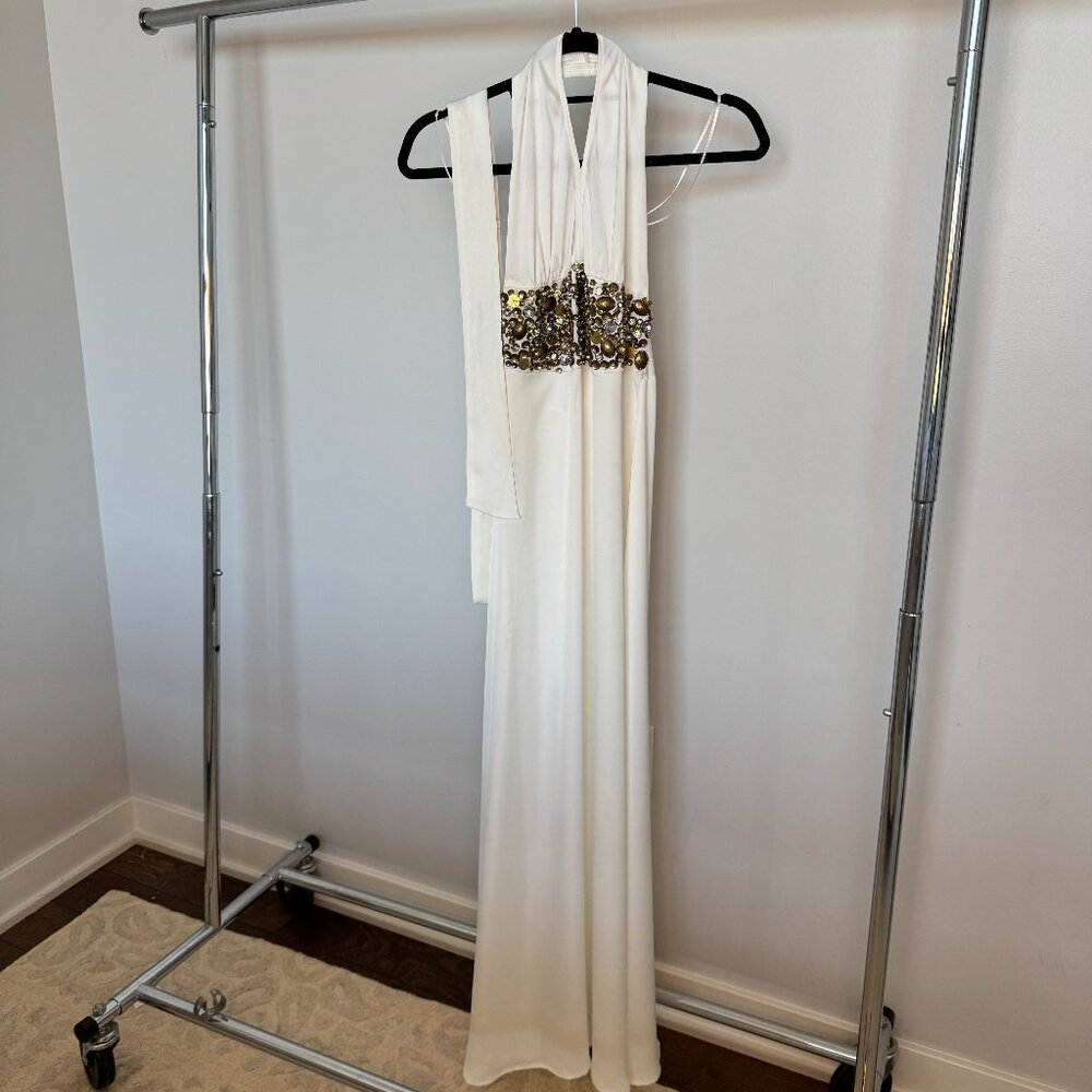 Ramy Brook White Halter Gown with Embellished Waist – Size 2